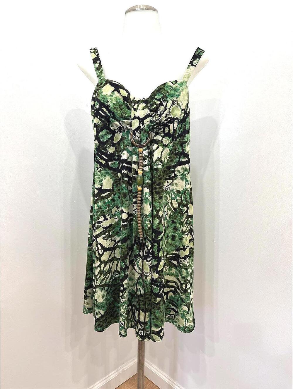 y2k Vintage Green and Beige Patterned Sleeveless Dress